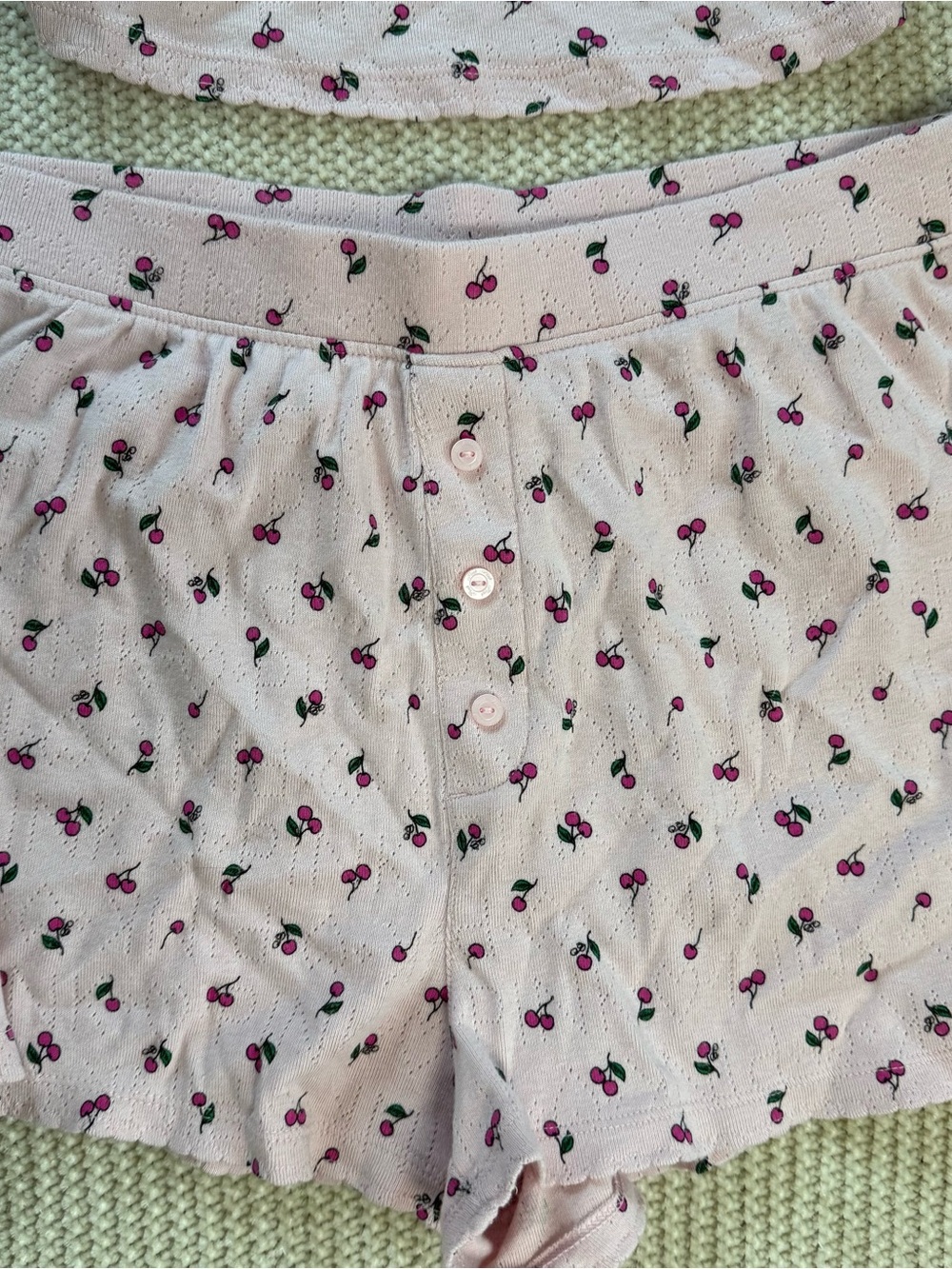 VS PINK Cherry Pointelle Pajama Set Henley Cami Boxer Shorts Pink Sleepwear M - Picture 2 of 6